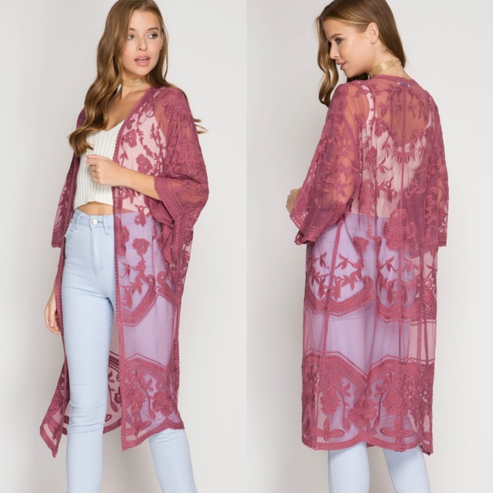 Mauve floral lace duster cardigan